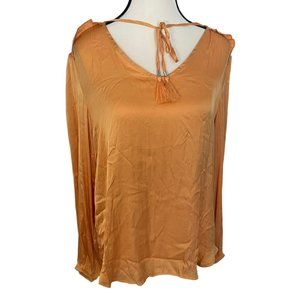 T Tahari Orange Smocked V-Neck BLOUSE Cuffed Sleeve XL
